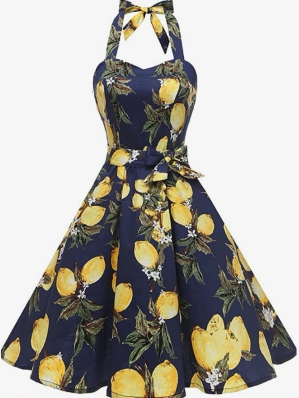 Navy & Yellow Lemon Halter Swing Dress NO WAIST TIE.